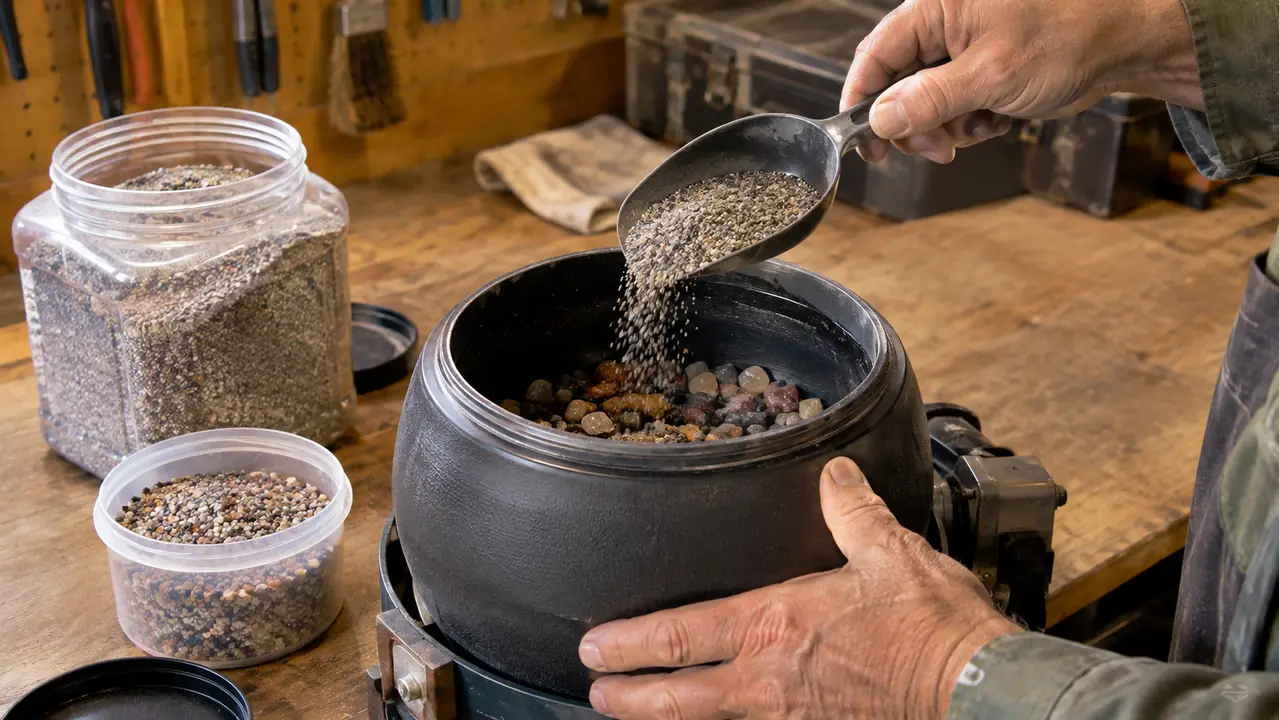 hand scooping tumbling grit from an open container into a rock tumbler barrel