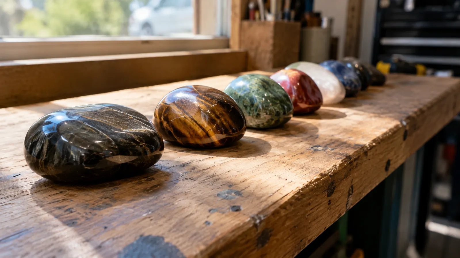 polished stones lined up on a wooden workbench in the sun, a few catching the light