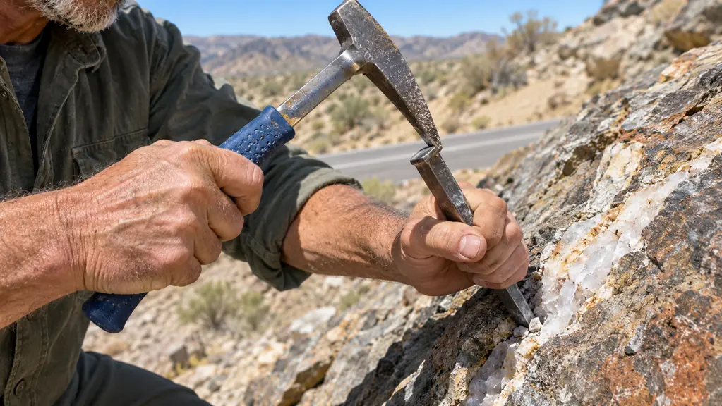 A hand using a rock pick hammer and chisel to test a quartz vein on a desert boulder