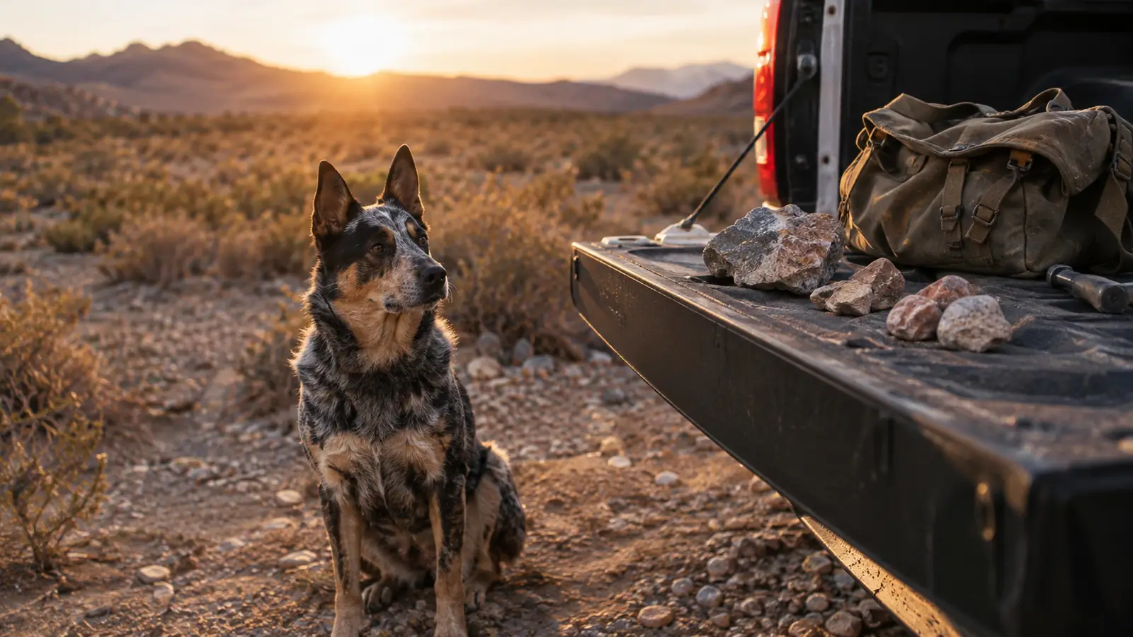 A dog sitting beside an open truck tailgate with a canvas field bag and collected rocks