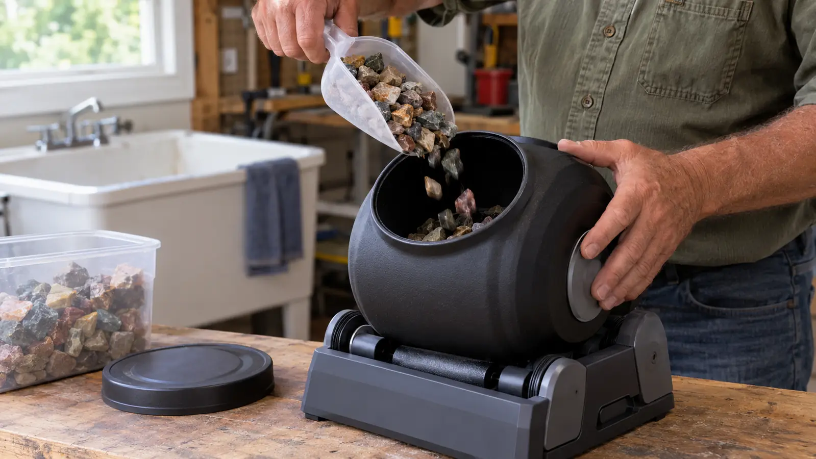 A person's hand pouring rough stones from a plastic scoop into the open barrel of a rock tumbler on a garage workbench