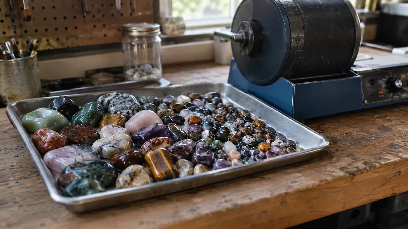 A tray of tumbled stones in graduated sizes arranged on a workbench next to a rock tumbler
