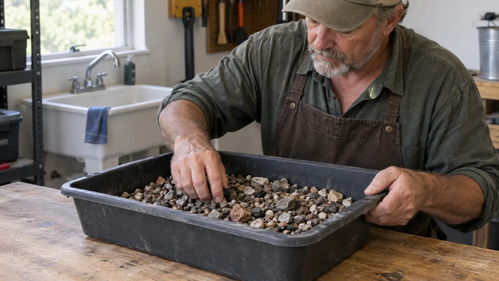 A hand sorting through rough stones in a plastic tray on a workbench