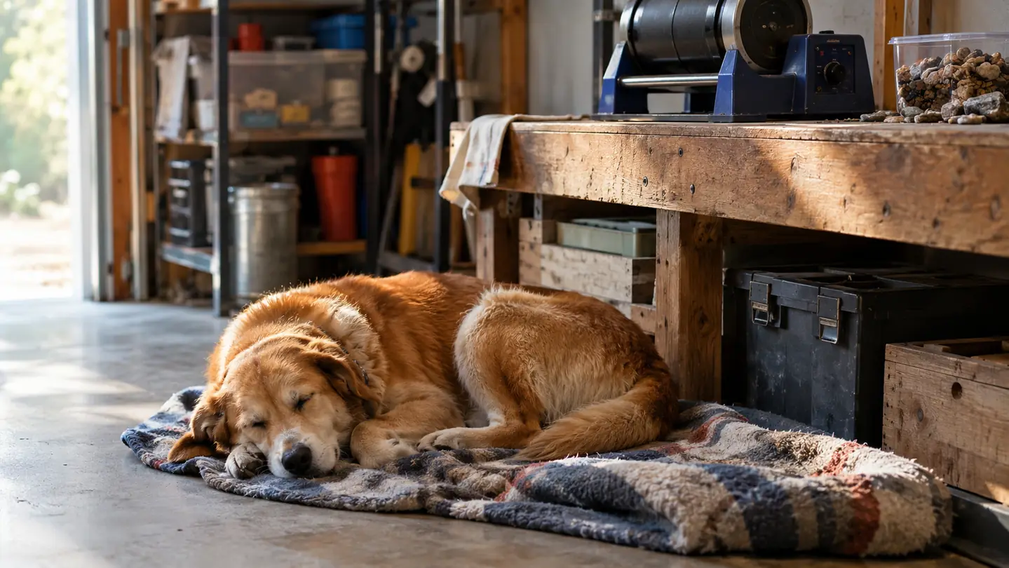 A dog napping on a blanket near a workbench while a tumbler runs