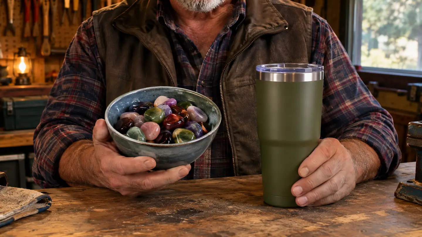 A hand holding a bowl of polished stones from a vibratory tumbler