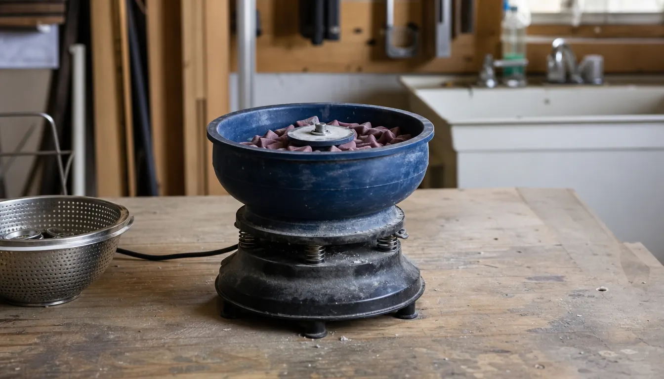 A vibratory tumbler running on a workbench with a utility sink in the background