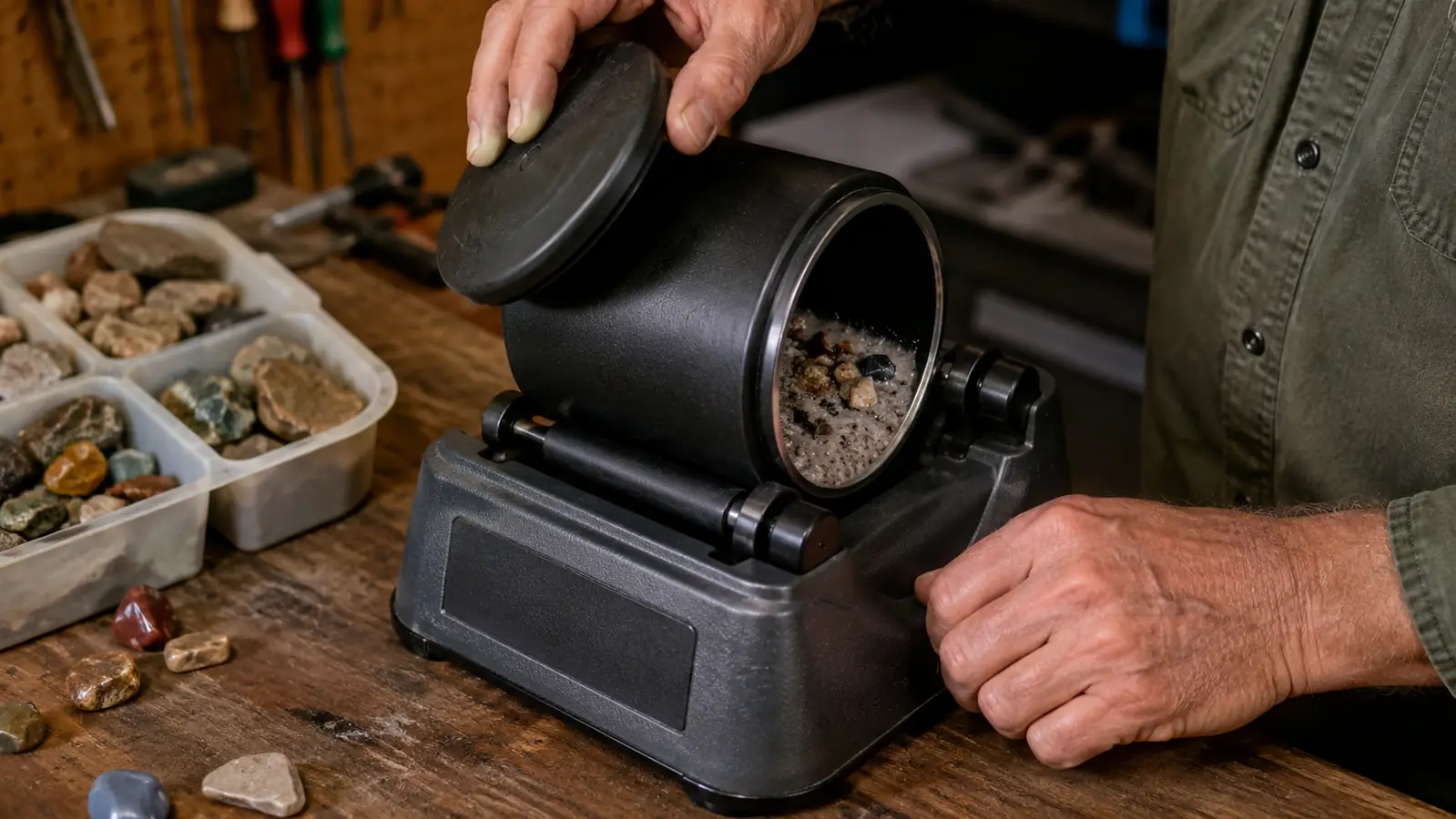 A hand opening the barrel of a rock tumbler to check stones mid-cycle