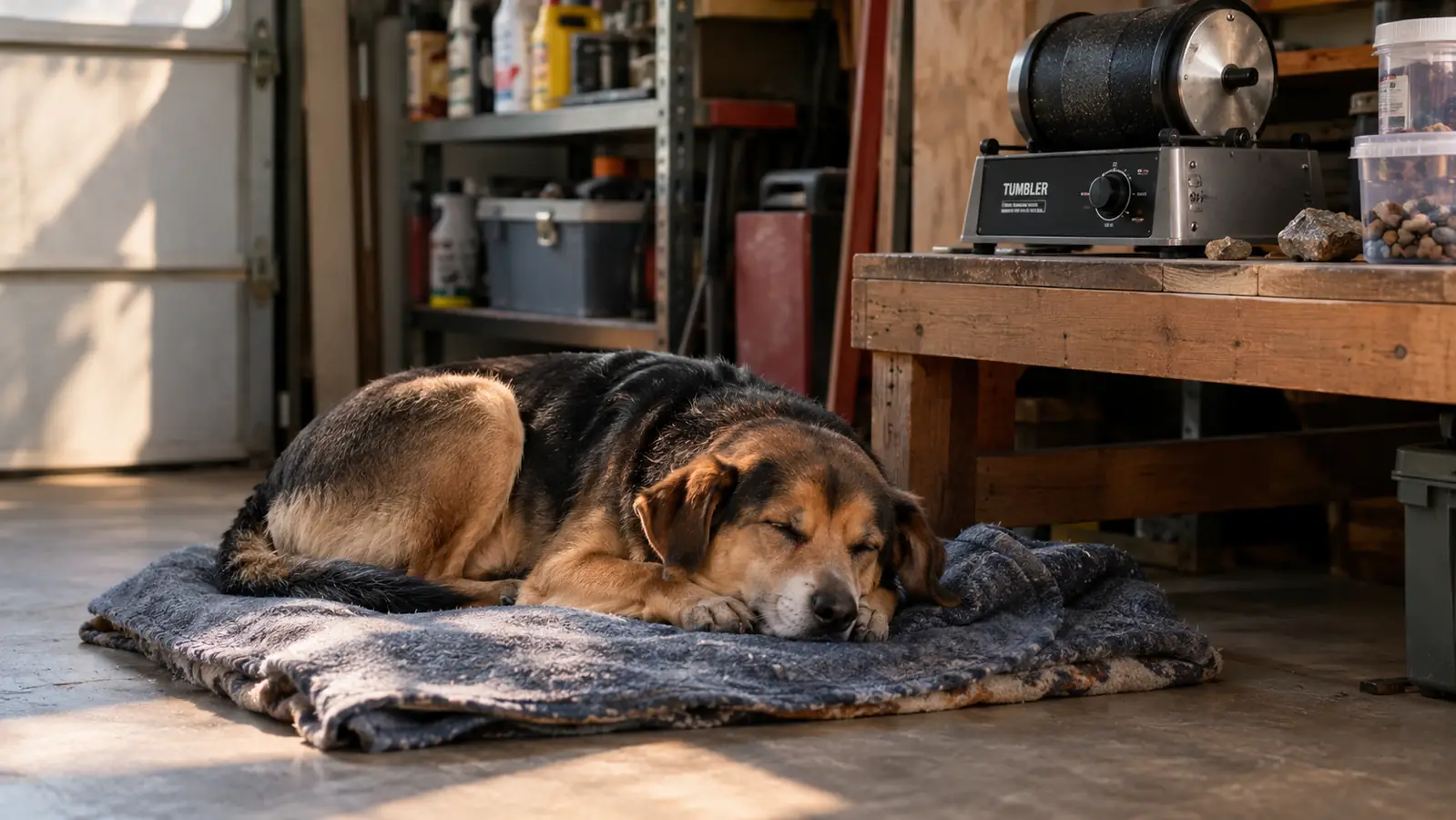 A dog napping on a blanket on a garage floor near a workbench