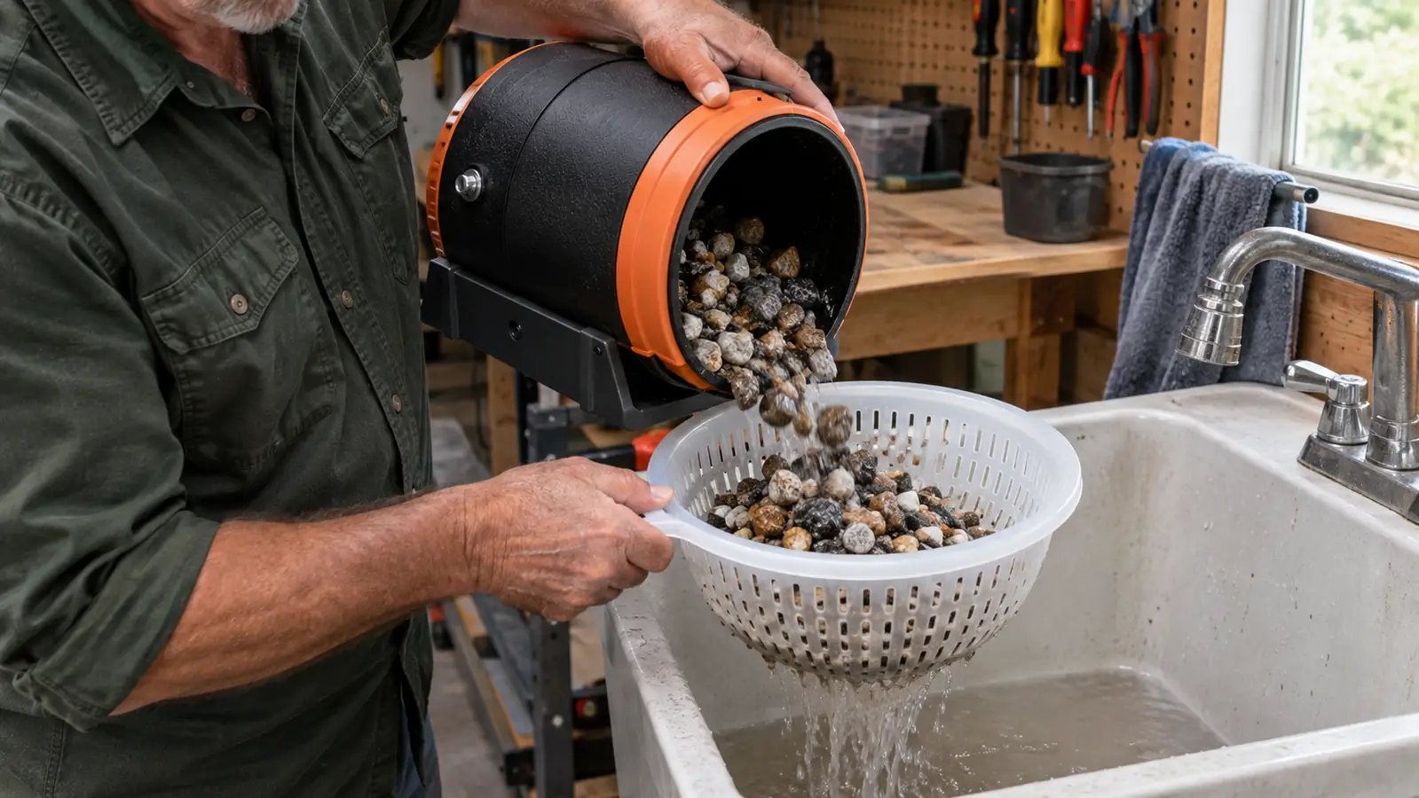 A person's hand pouring rough stones from the tumbler barrel into a plastic strainer over a utility sink