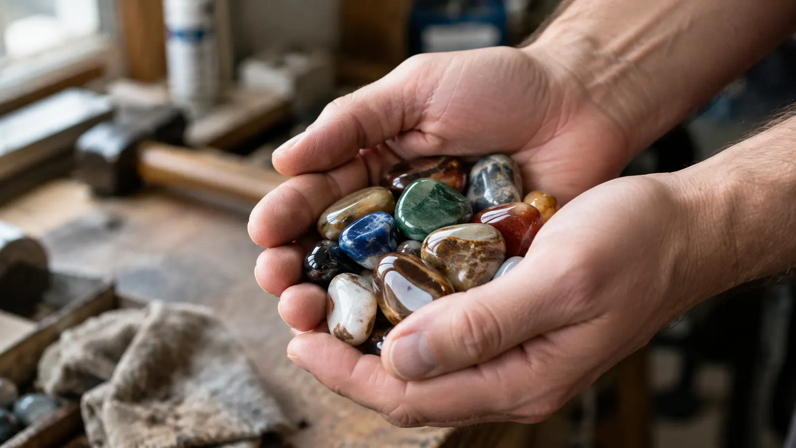 A person's hands holding a small pile of polished stones over a garage workbench in soft morning light