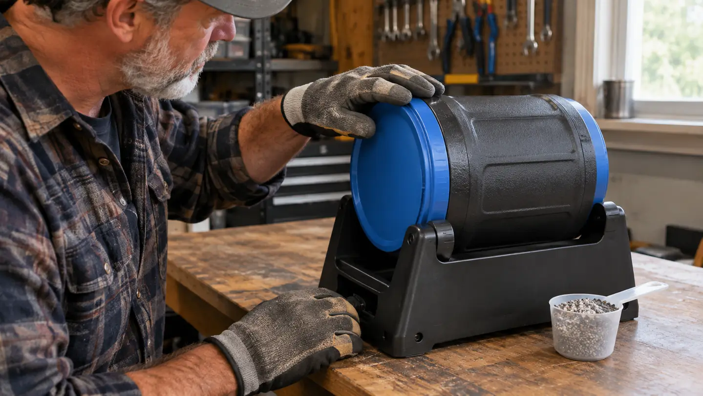 A hand checking the lid seal of a rock tumbler barrel on a workbench before starting a batch