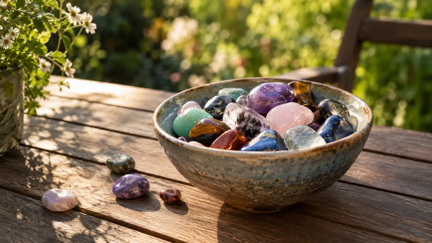 A bowl of polished stones on a wooden table in a backyard garden in late afternoon light