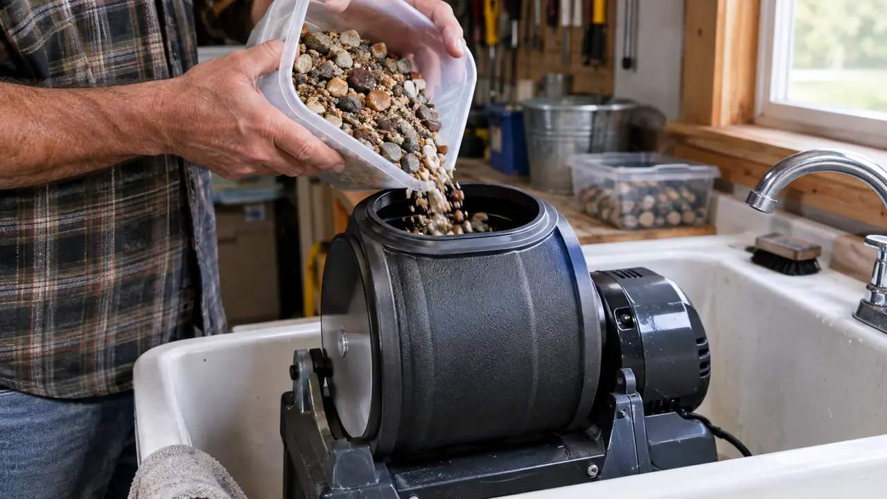 Hands pouring rough stones and coarse grit into the open barrel of a rock tumbler over a utility sink