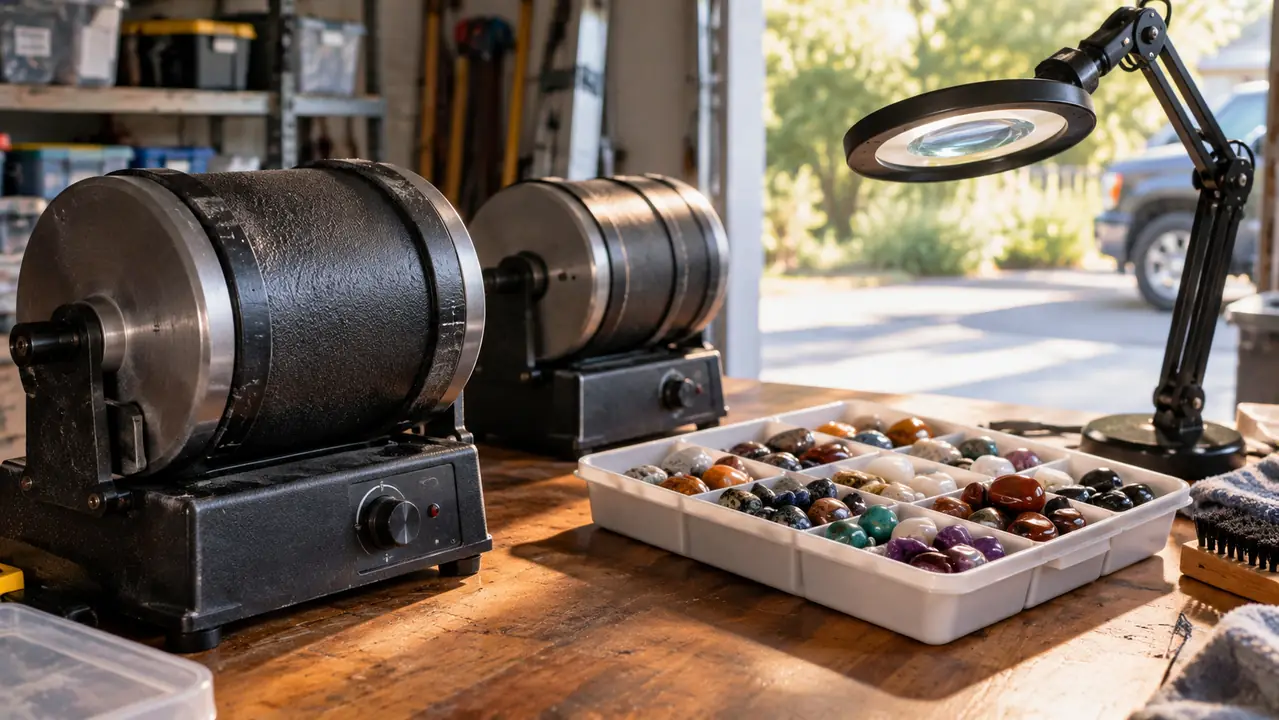 Two tumbler barrels on a workbench with a tray of polished stones beside them