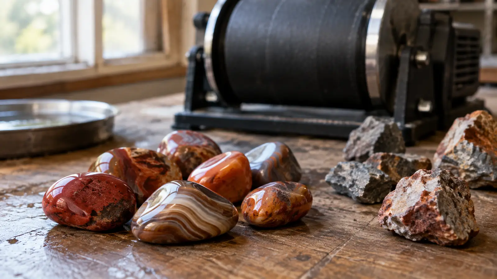 A handful of freshly polished agate and jasper stones resting on a garage workbench next to a rotary rock tumbler