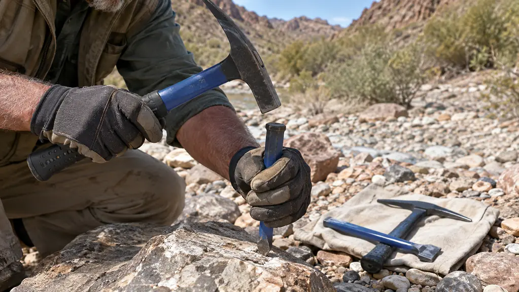 A gloved hand using a rock pick hammer to strike a chisel against a rock in a desert wash.