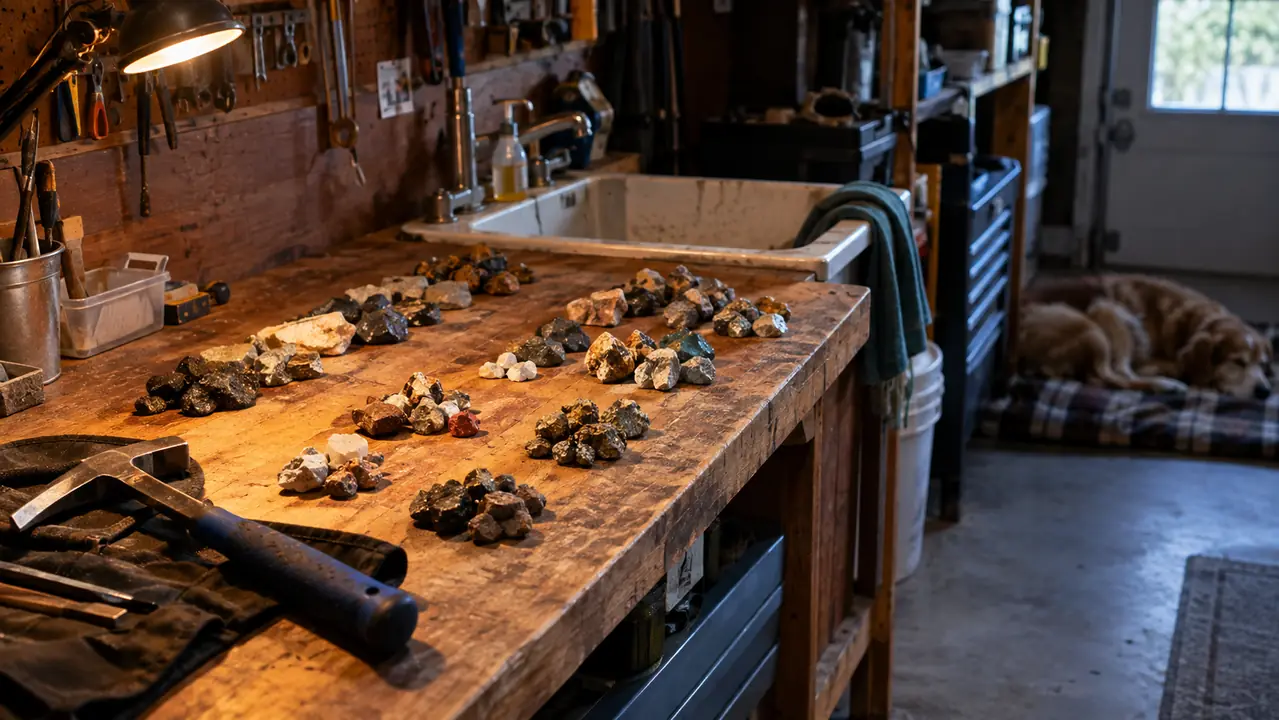 Rough stones sorted into piles on a garage workbench beside a utility sink, a rock pick hammer kit at the corner, and the dog sleeping on a blanket in the background.