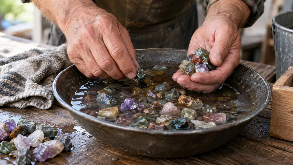 Hands sorting rough stones in a shallow pan of water on a workshop bench