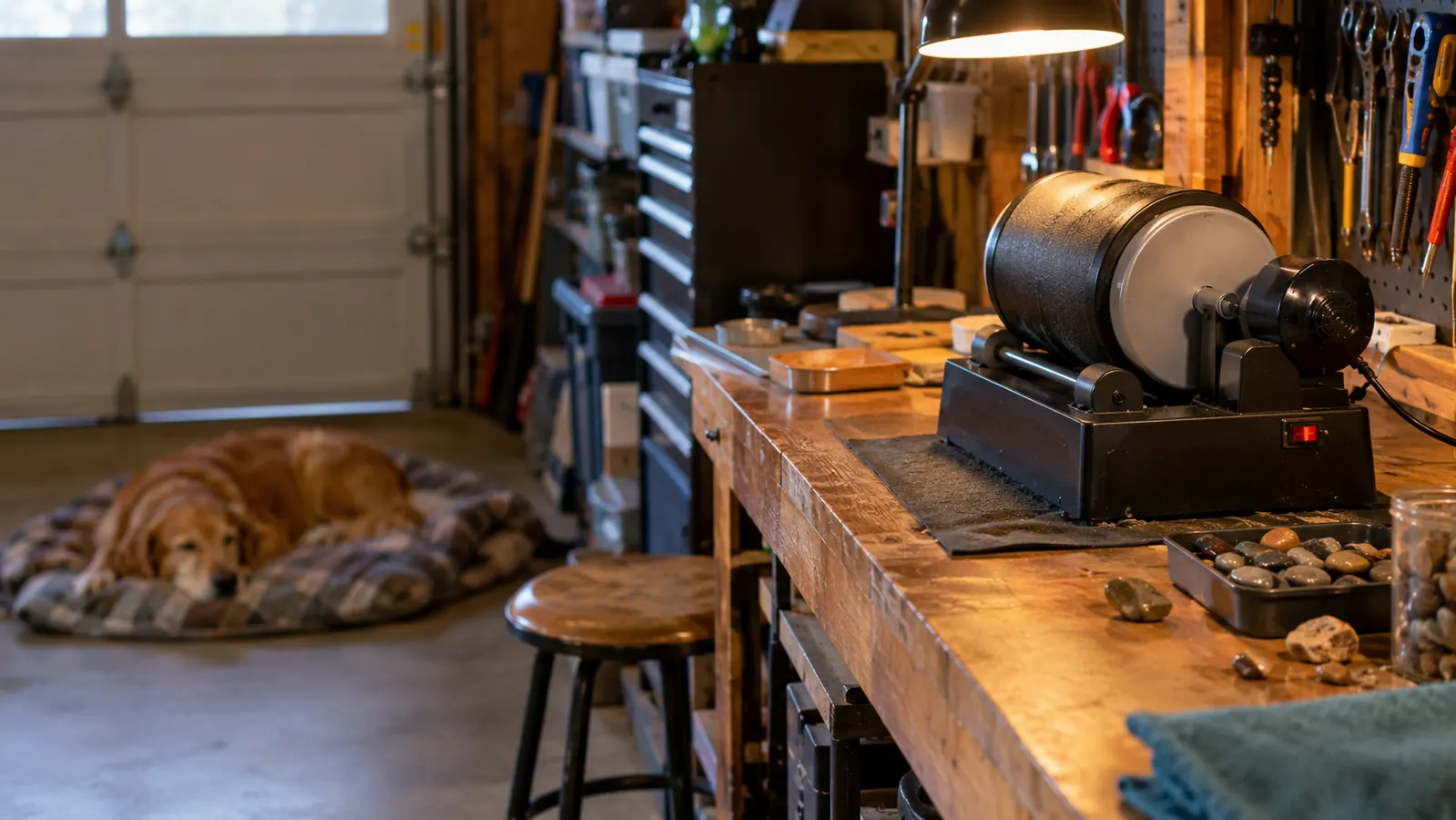 A rock tumbler running on a garage bench while a dog naps on a blanket nearby