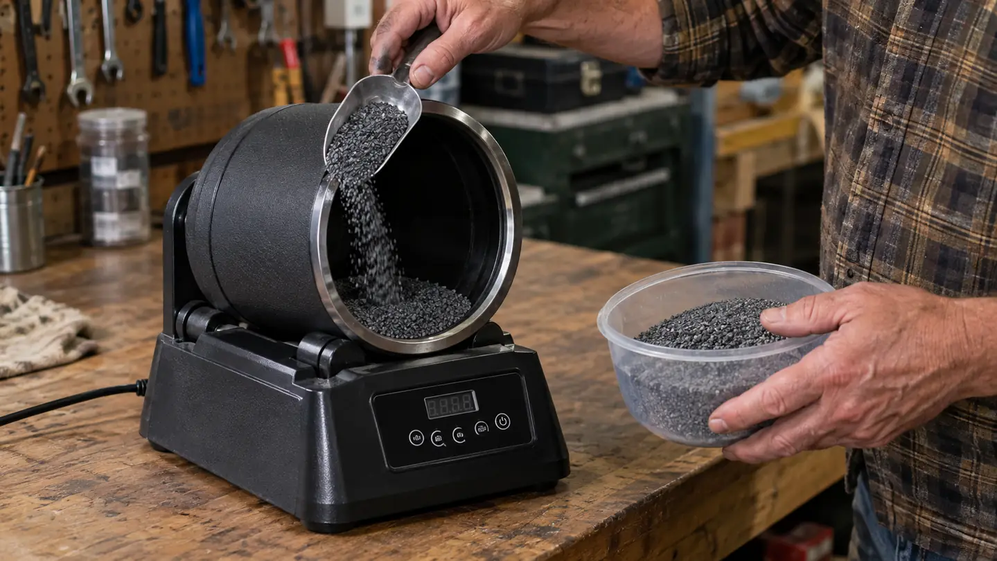 A hand spooning tumbling grit into the open barrel of the rock tumbler on a garage workbench