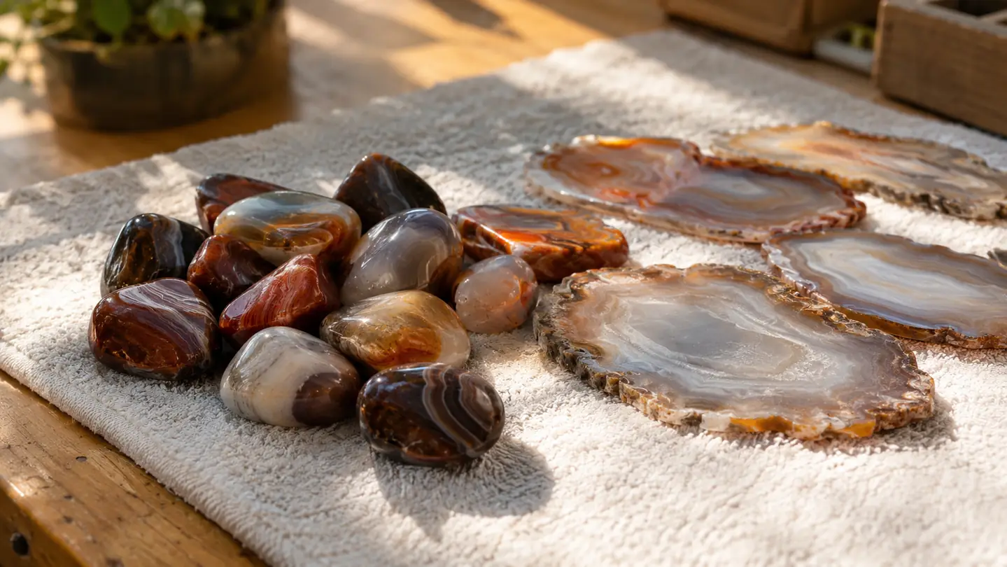 Polished tumbled agate stones laid out on a towel on a workbench in warm light