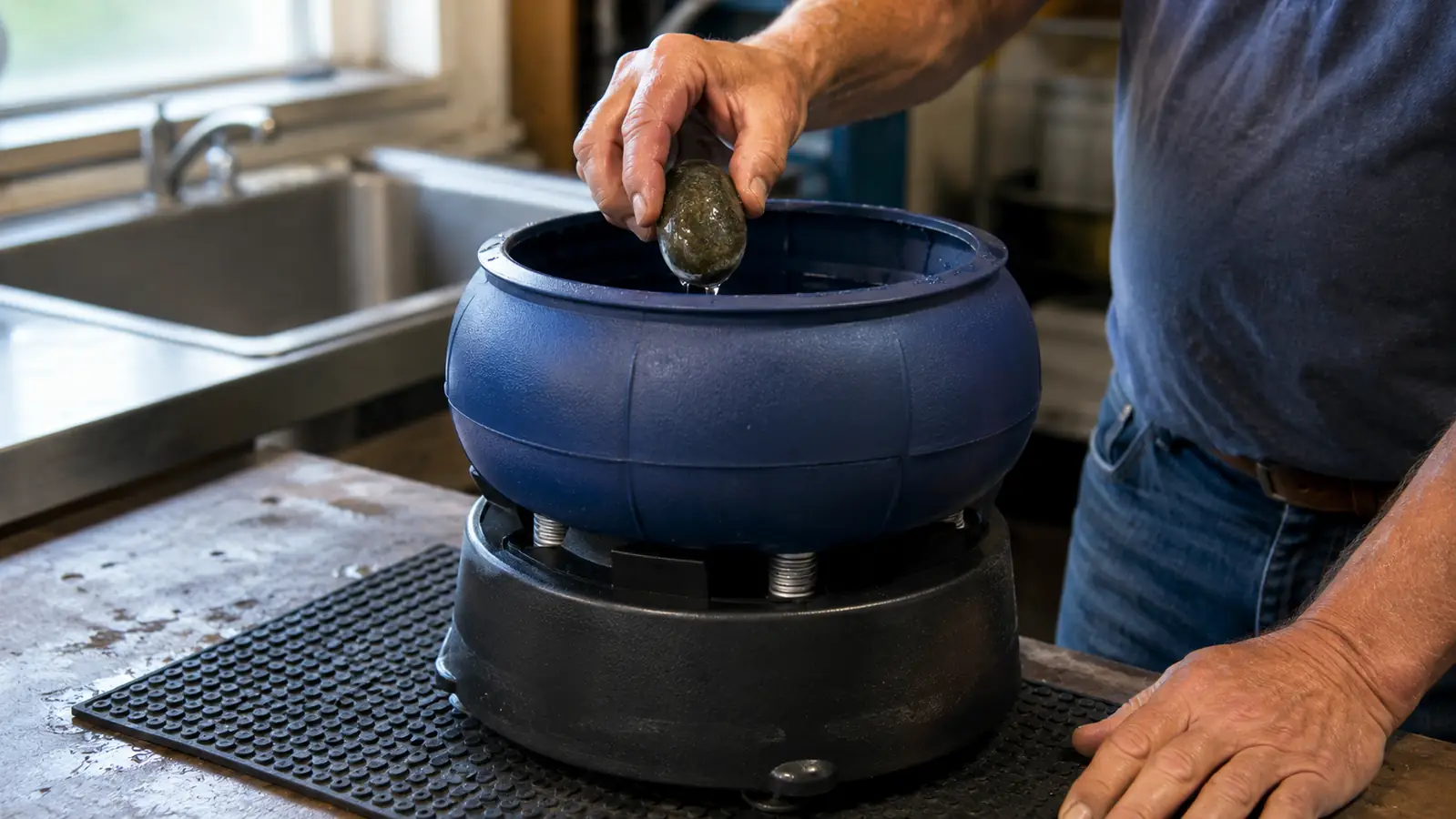 A hand lifting a wet stone out of the open bowl of the vibratory tumbler on a garage workbench to check its progress.