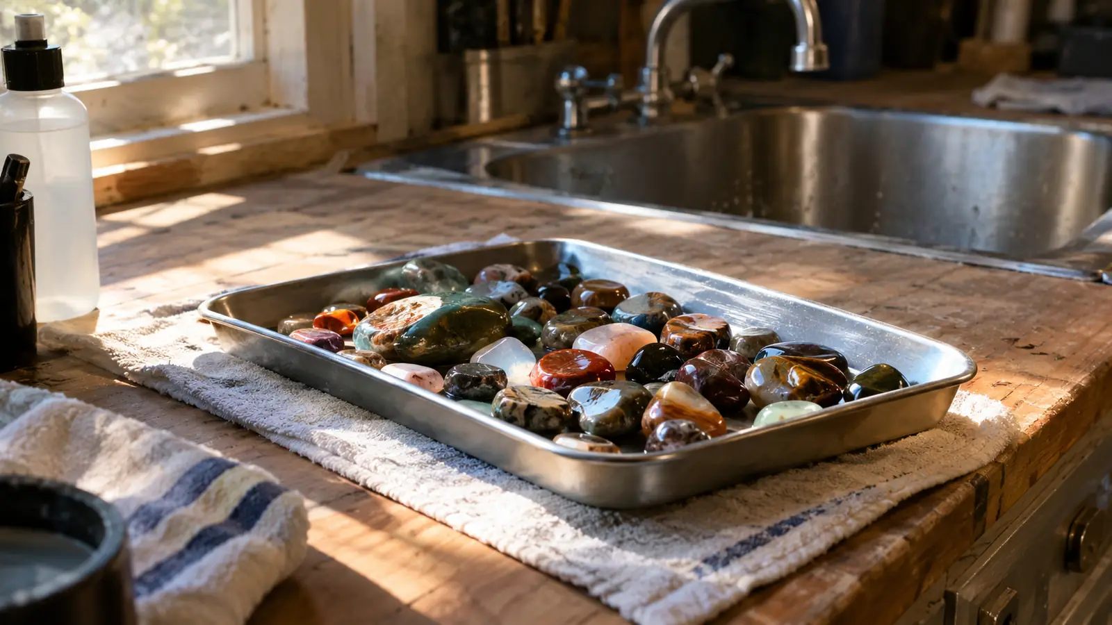 A shallow tray of freshly polished stones drying on a shop towel on a garage workbench in late afternoon light.