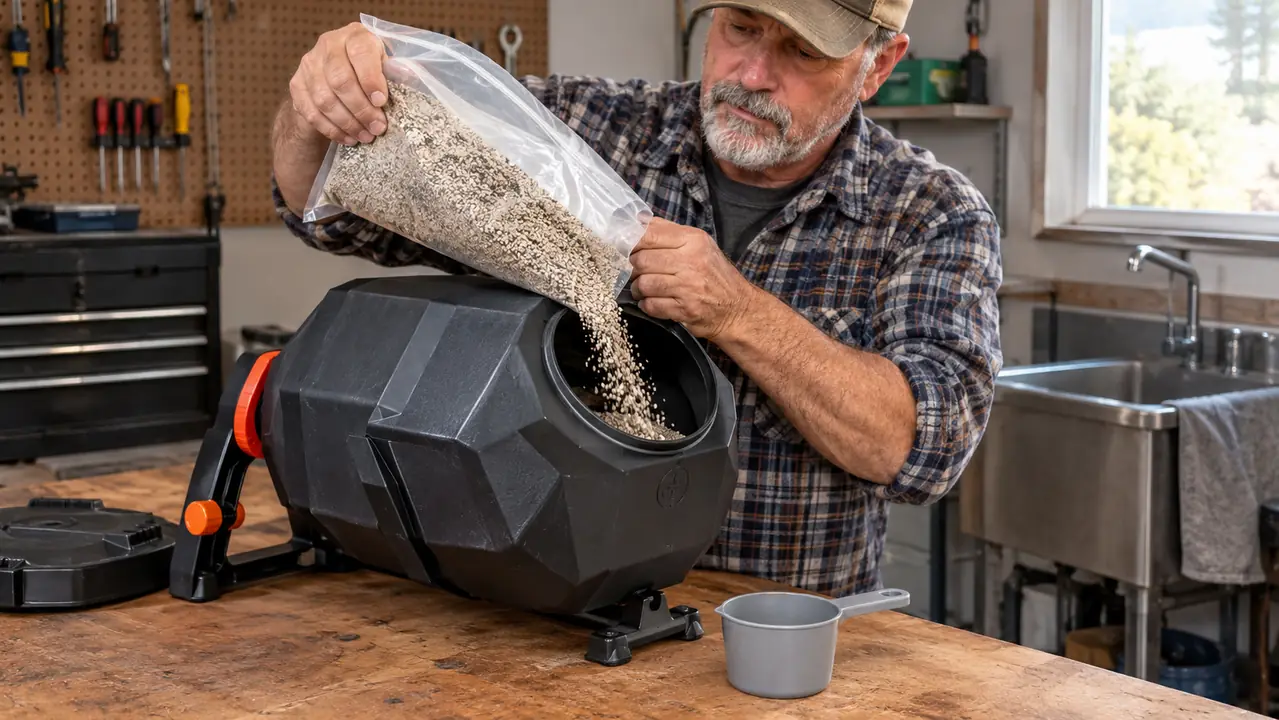 Hands pouring tumbling grit into an open rock tumbler barrel on a workbench.