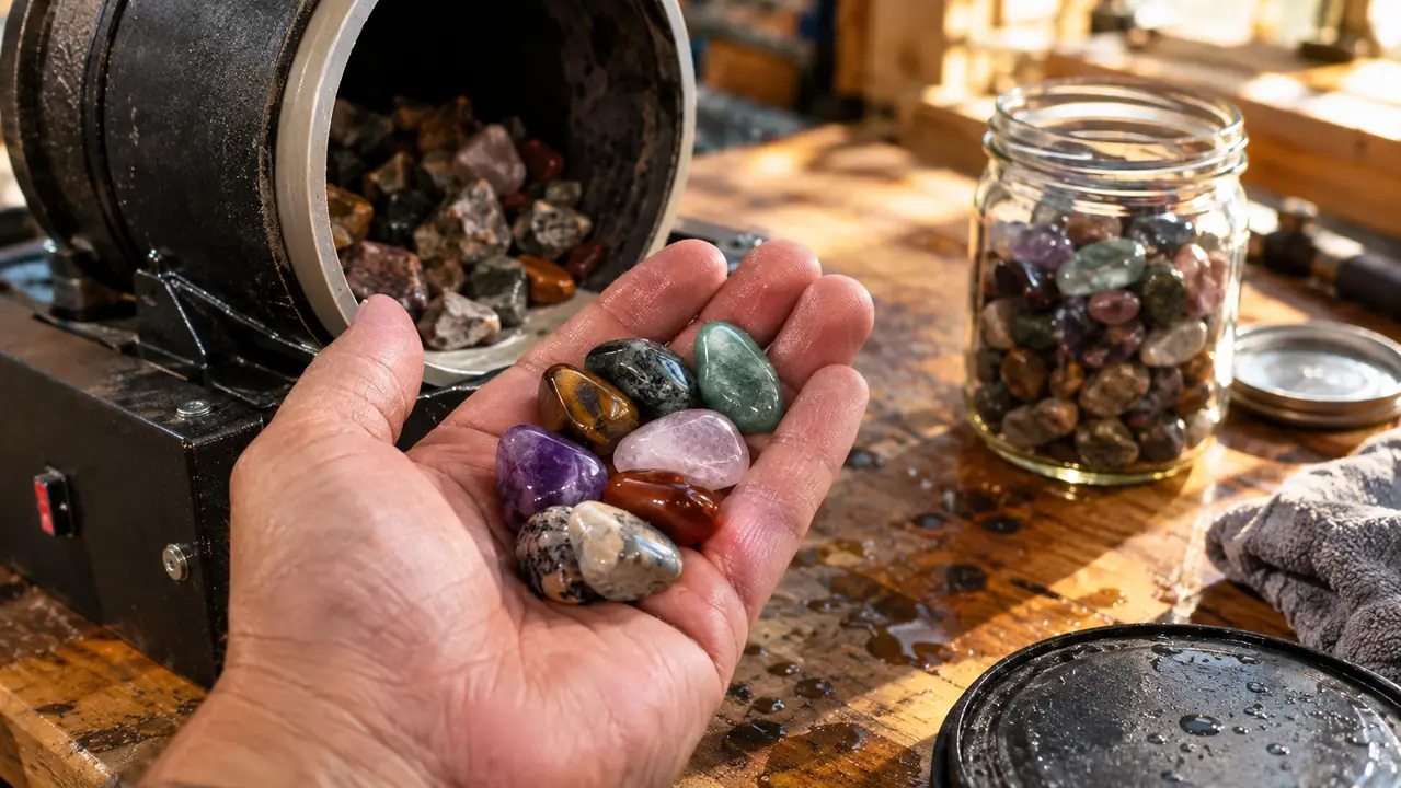 Polished tumbled stones held in a hand over a workbench, with an open tumbler barrel nearby.
