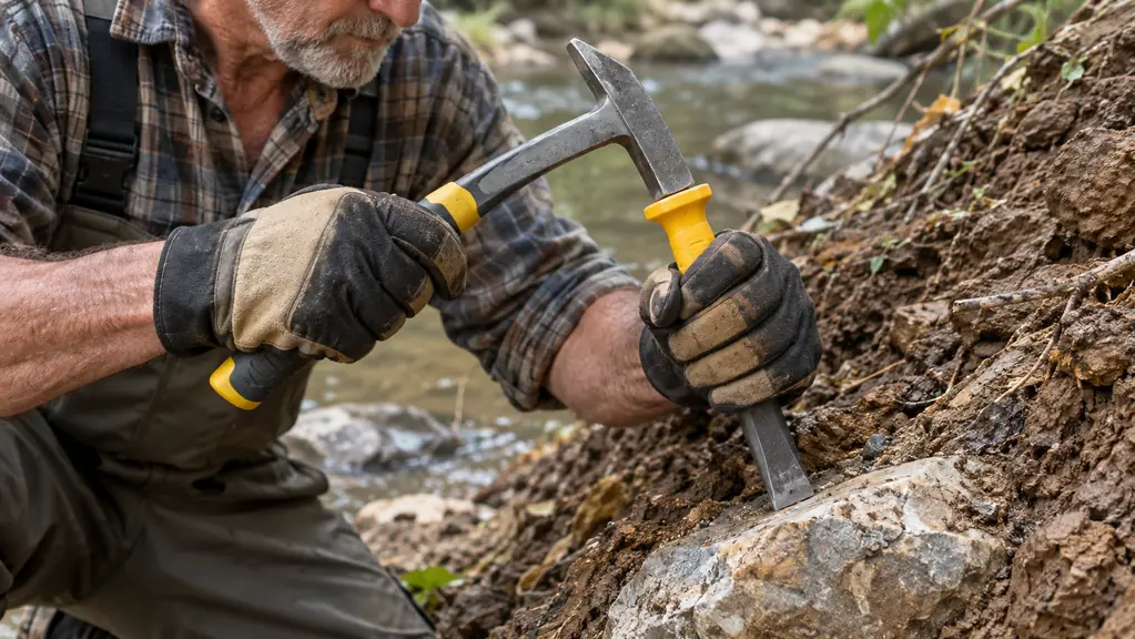Close view of a gloved hand using a rock hammer and chisel to work a stone nodule out of a creek bank.