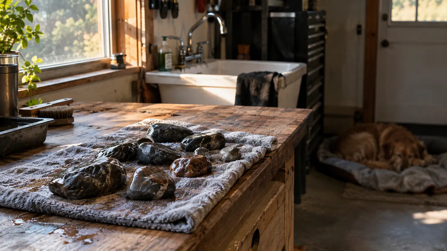 Washed rocks laid out on a towel on a garage workbench, with a dog curled up on a blanket in the corner.