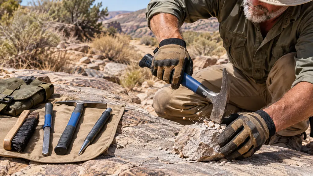 A hand in a work glove using a rock hammer to chip at a stone on a flat rock surface outdoors