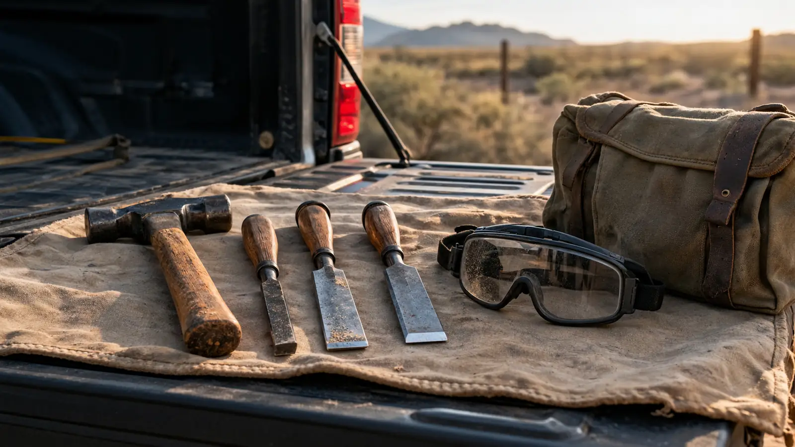 A rock pick hammer, chisels, goggles, and a canvas bag laid out in a row on a cloth on a truck tailgate