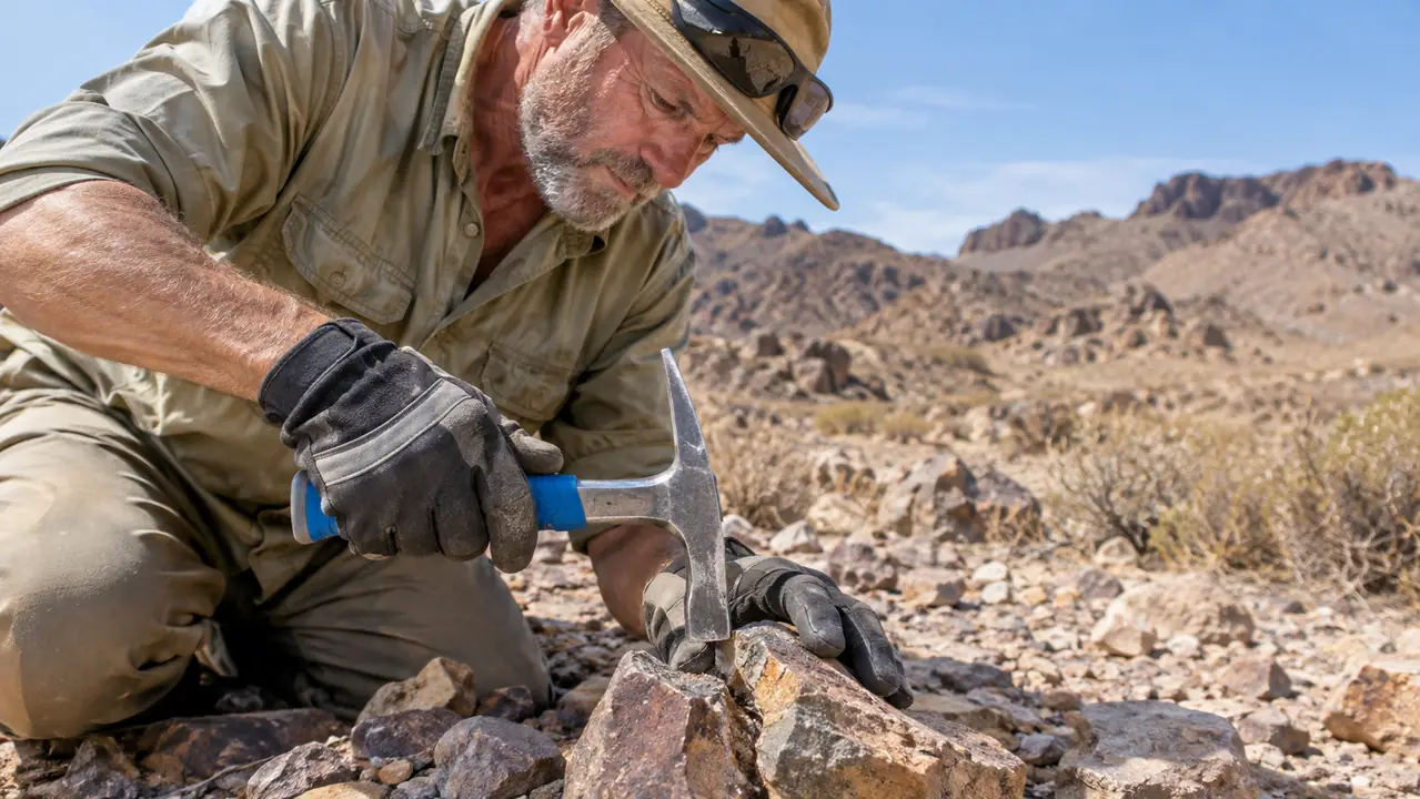 A gloved hand holding the rock hammer over a split stone in a desert wash
