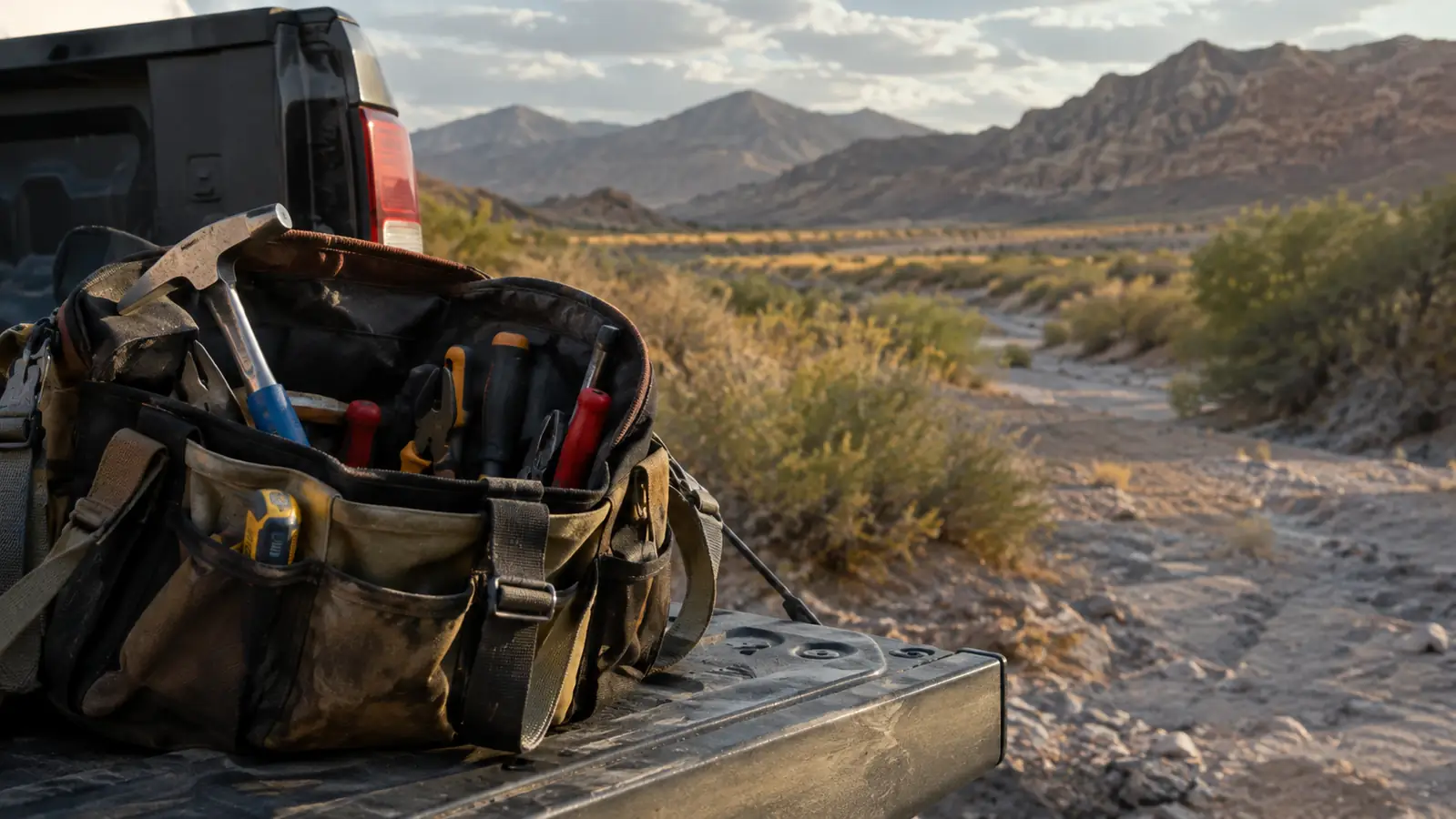 An open carry bag with rock hammer and hand tools on a truck tailgate at the edge of a desert wash