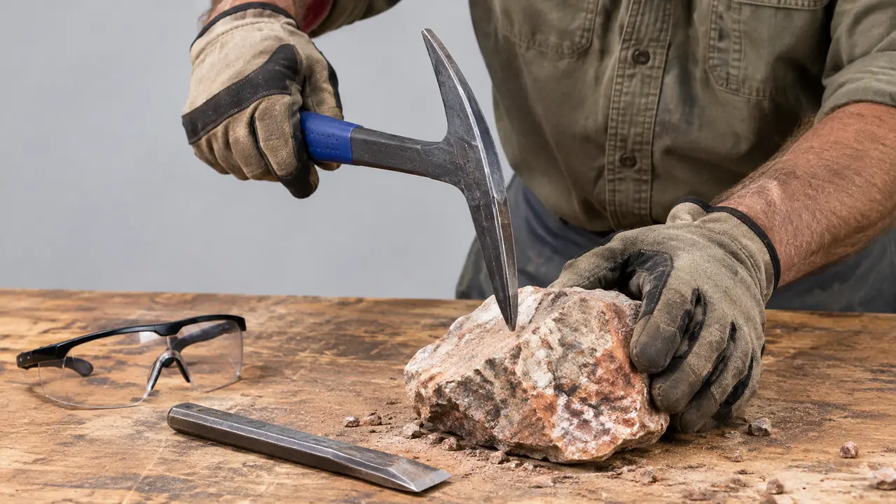 A gloved hand holds a rock pick hammer with a pointed tip over a chunk of rhyolite on a scratched workbench, with a chisel and safety glasses nearby