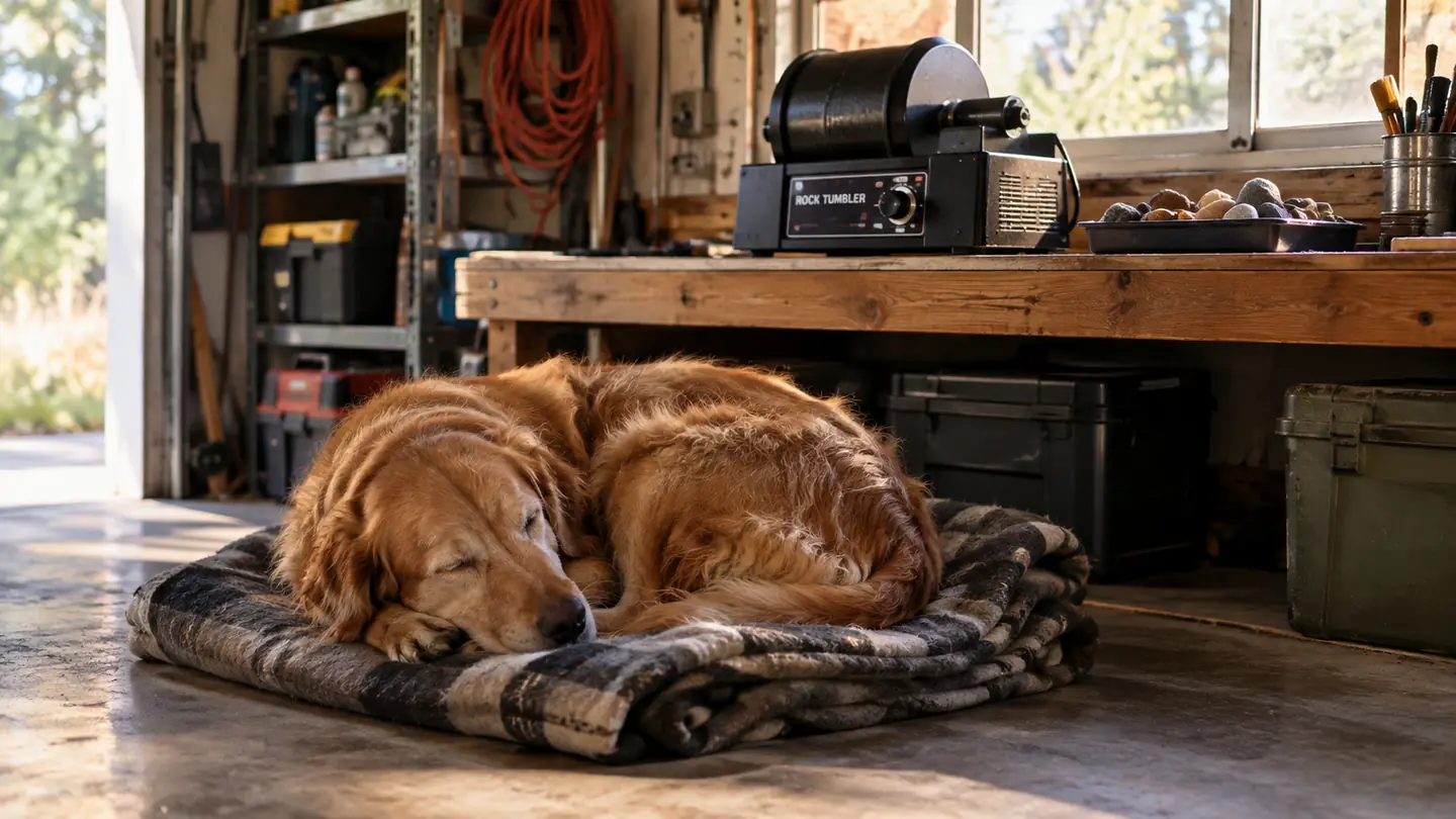 A dog naps on a folded blanket on a garage floor while a rock tumbler runs on a workbench in the background