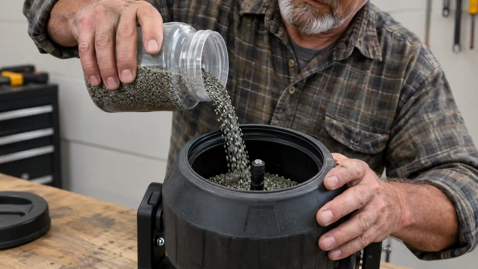 A hand pouring tumbling grit from a small plastic jar into a rubber tumbler barrel
