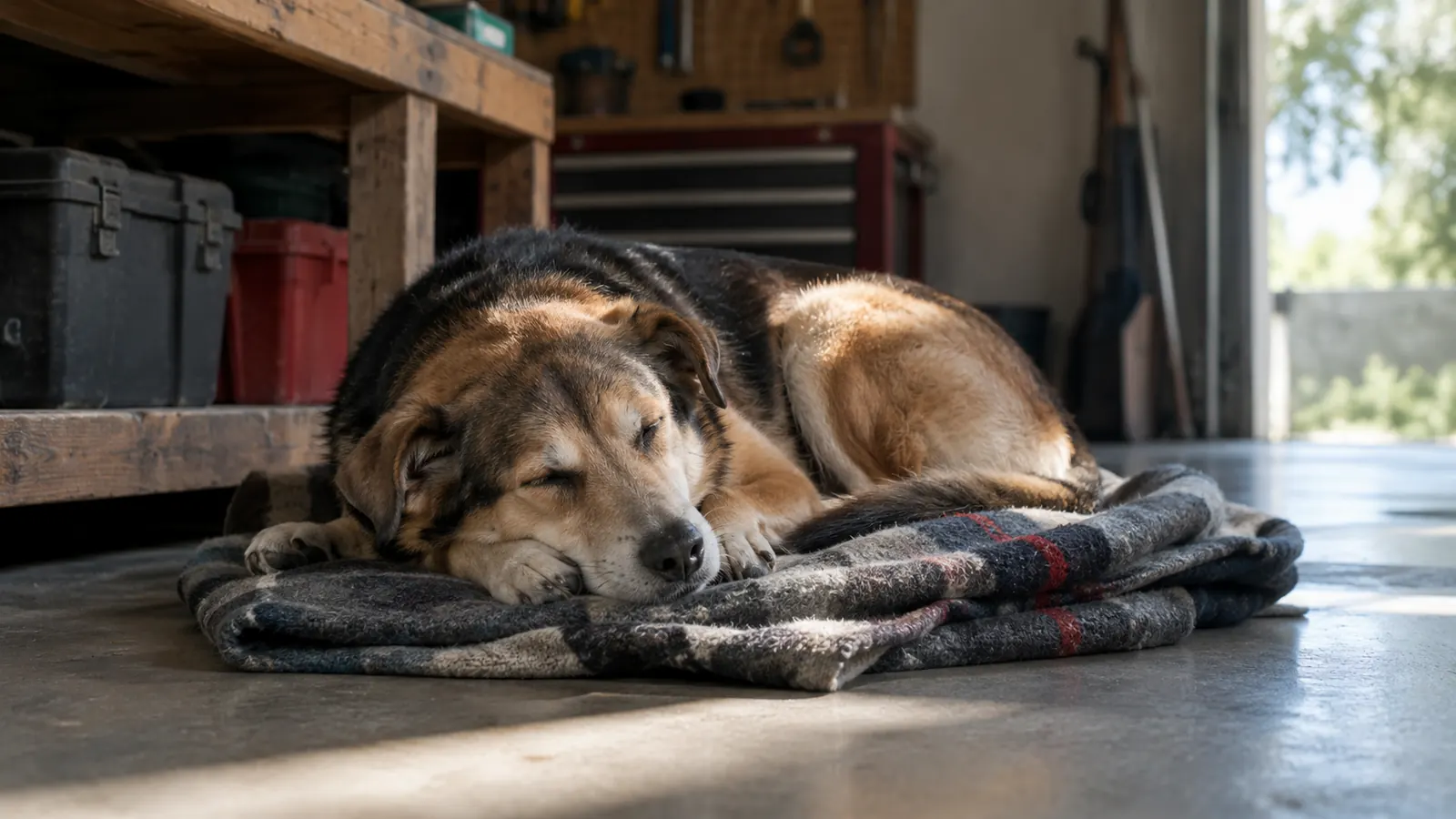 A dog napping on a blanket in a garage near a workbench