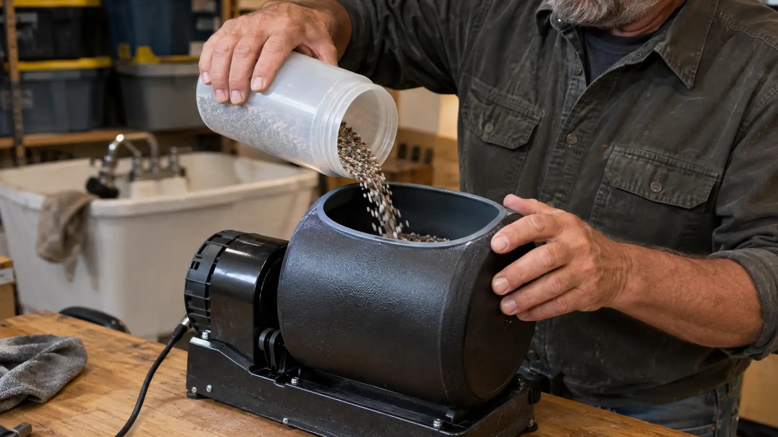 A hand pouring tumbling grit from the refill container into a rock tumbler barrel on a garage workbench.