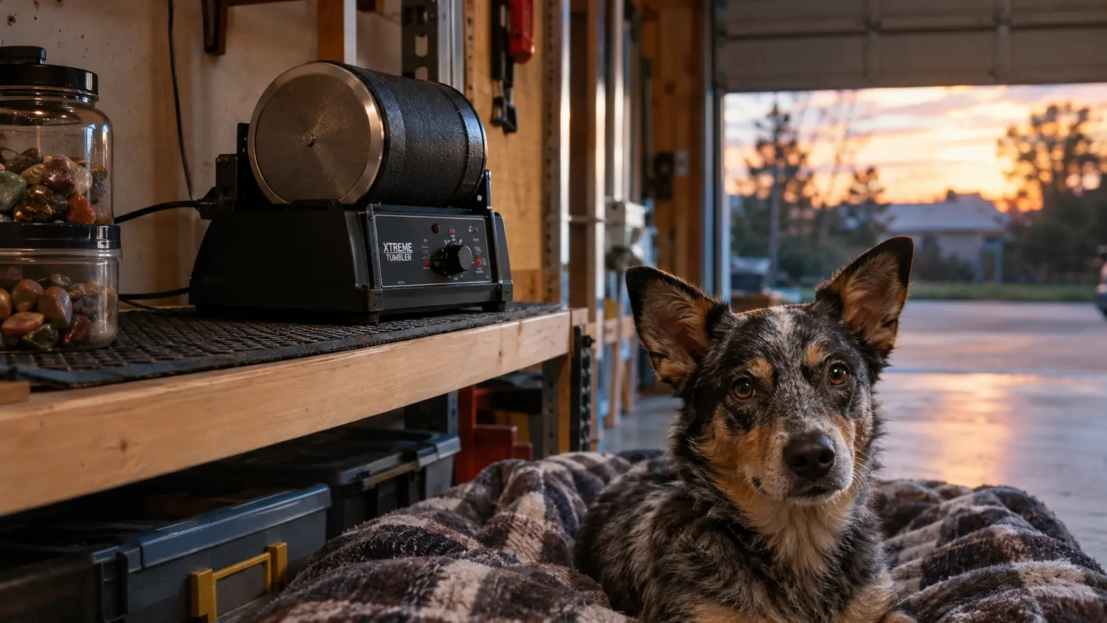 A rock tumbler running on a garage shelf while a dog rests on a blanket in the foreground.
