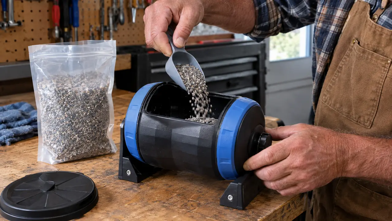 A hand scooping tumbling grit from the refill kit into a tumbler barrel