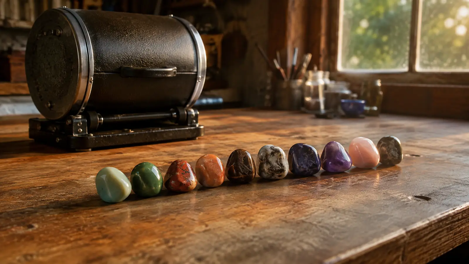 Polished tumbled stones lined up on a garage workbench beside a closed tumbler barrel, warm late-afternoon light