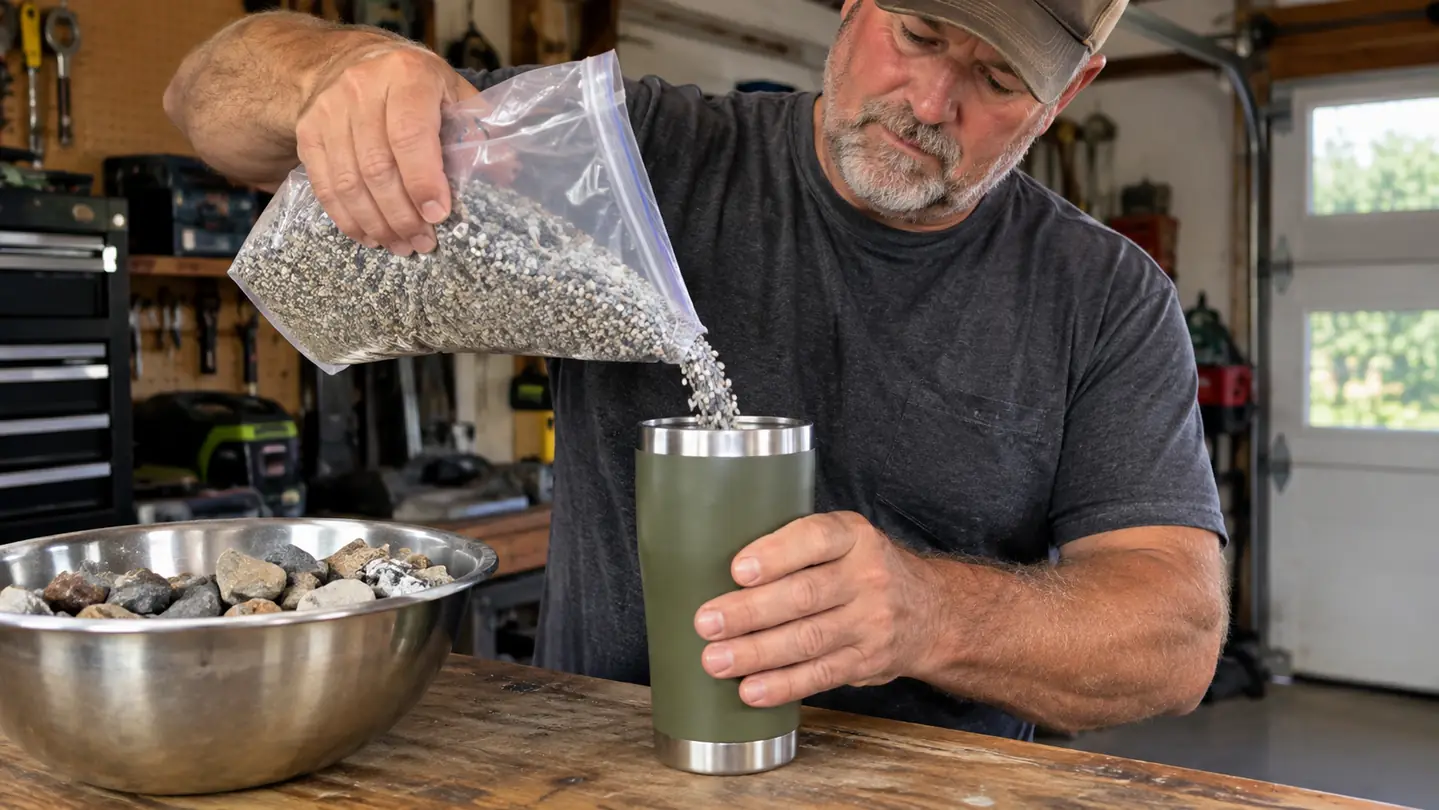 A hand pouring tumbling grit from a small bag into a tumbler barrel