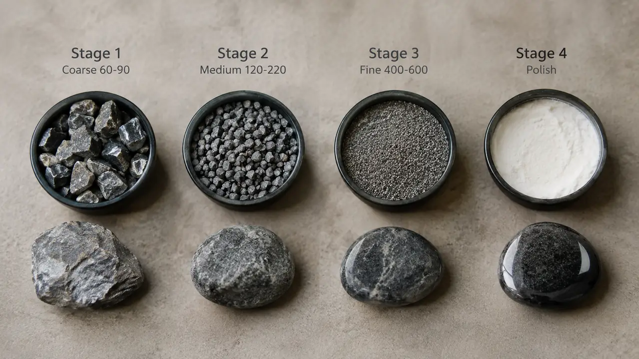 A chart comparing the four tumbling stages and the grit sizes used in each stage