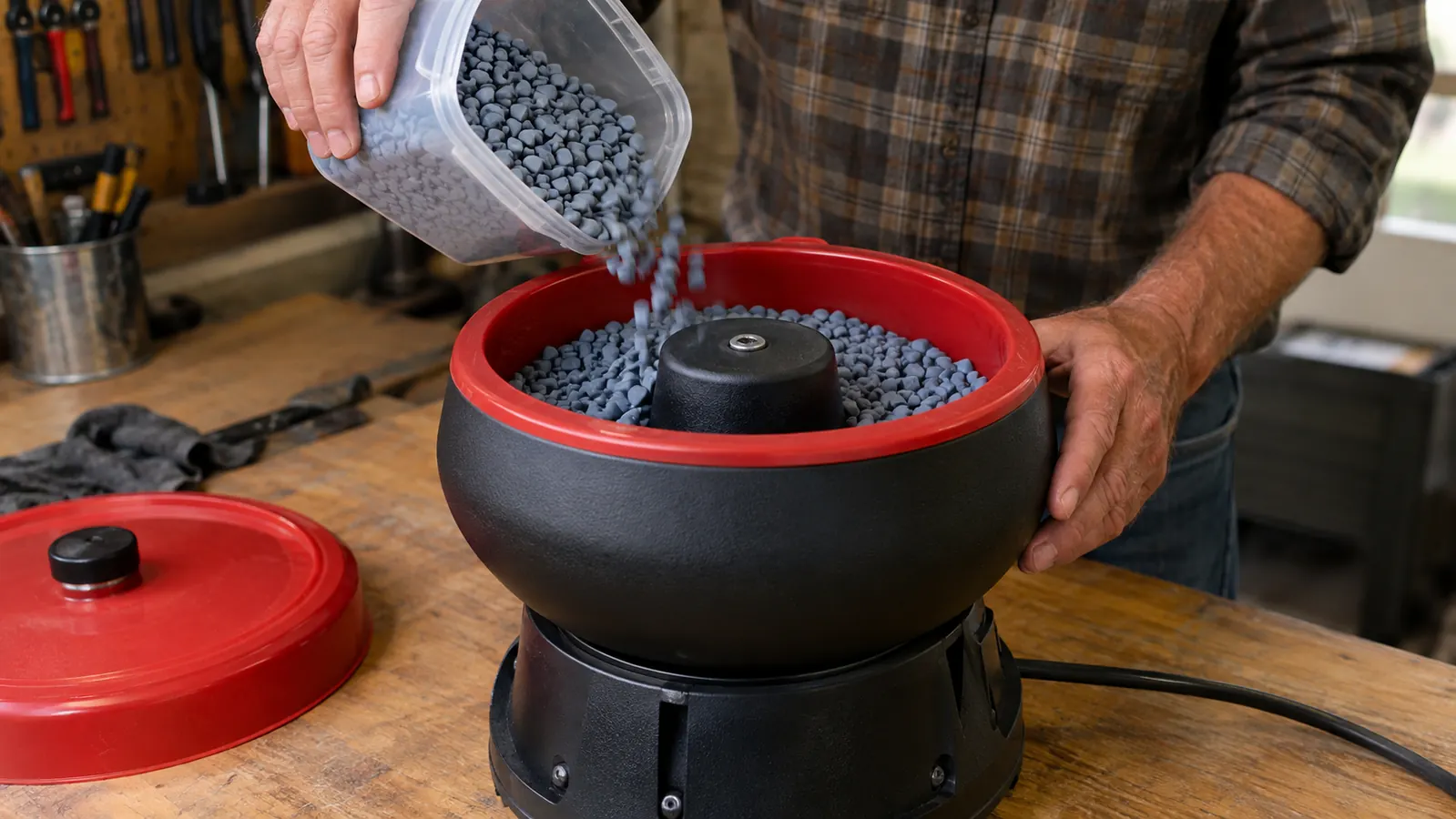 A hand sprinkling plastic tumbling media into the open bowl of a vibratory tumbler on a garage workbench