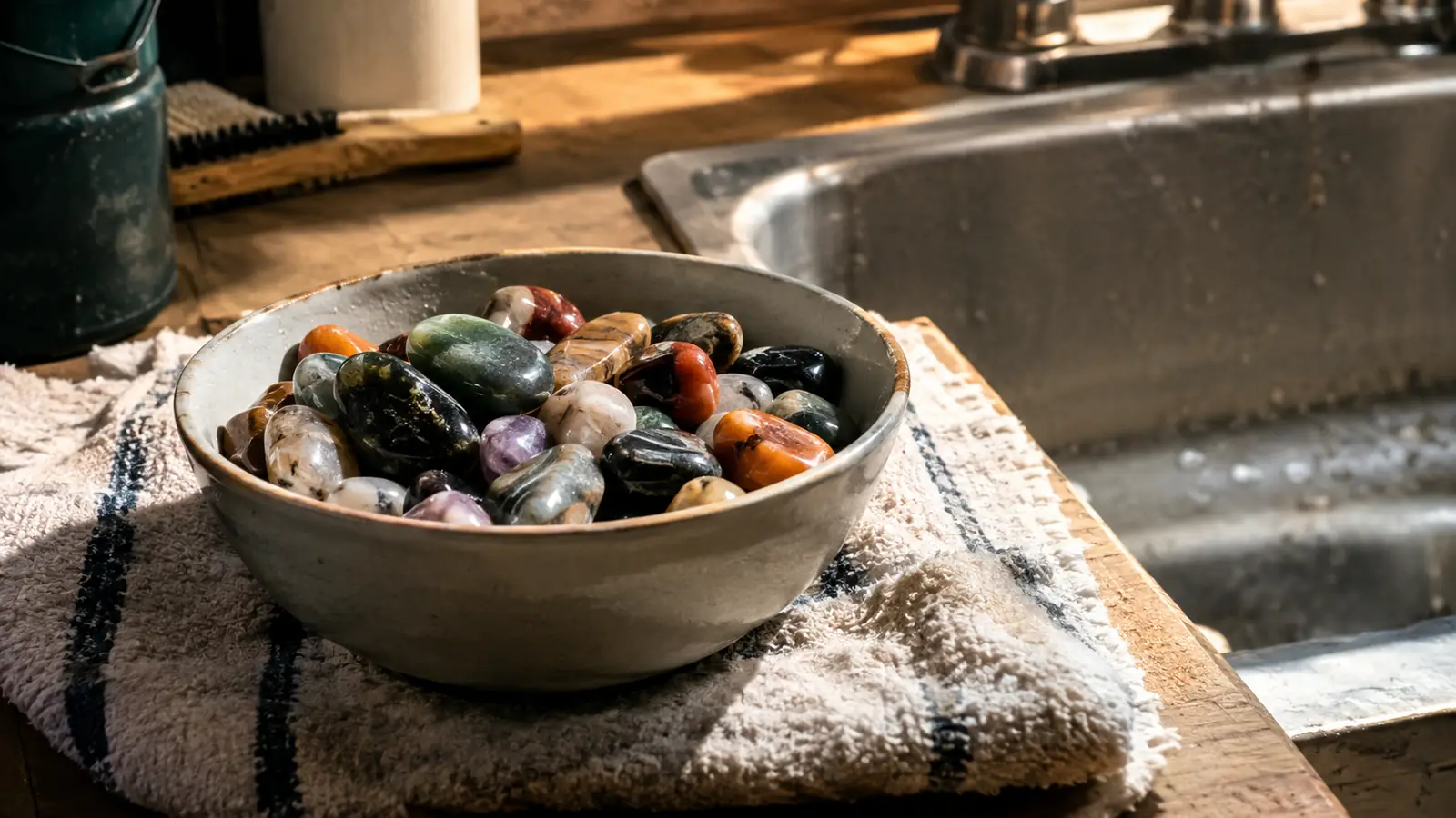 A bowl of freshly tumbled stones drying on a shop towel next to a utility sink in a garage