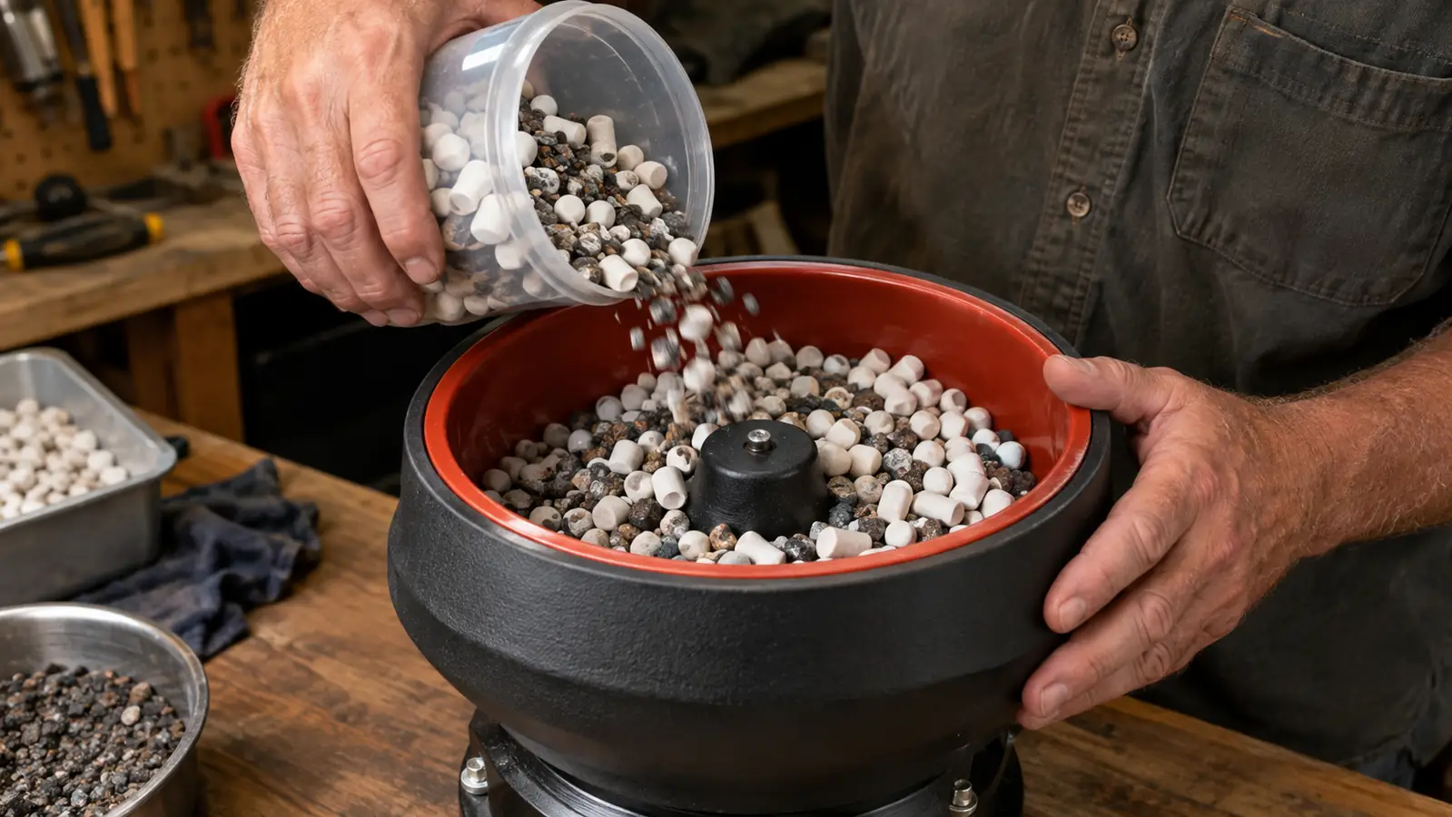 A hand pouring ceramic media and rock grit into the open bowl of a vibratory tumbler on a workbench