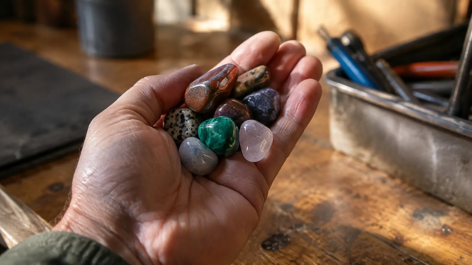 A close view of polished stones held in a cupped hand over a garage workbench, showing the shine from a vibratory tumbler run