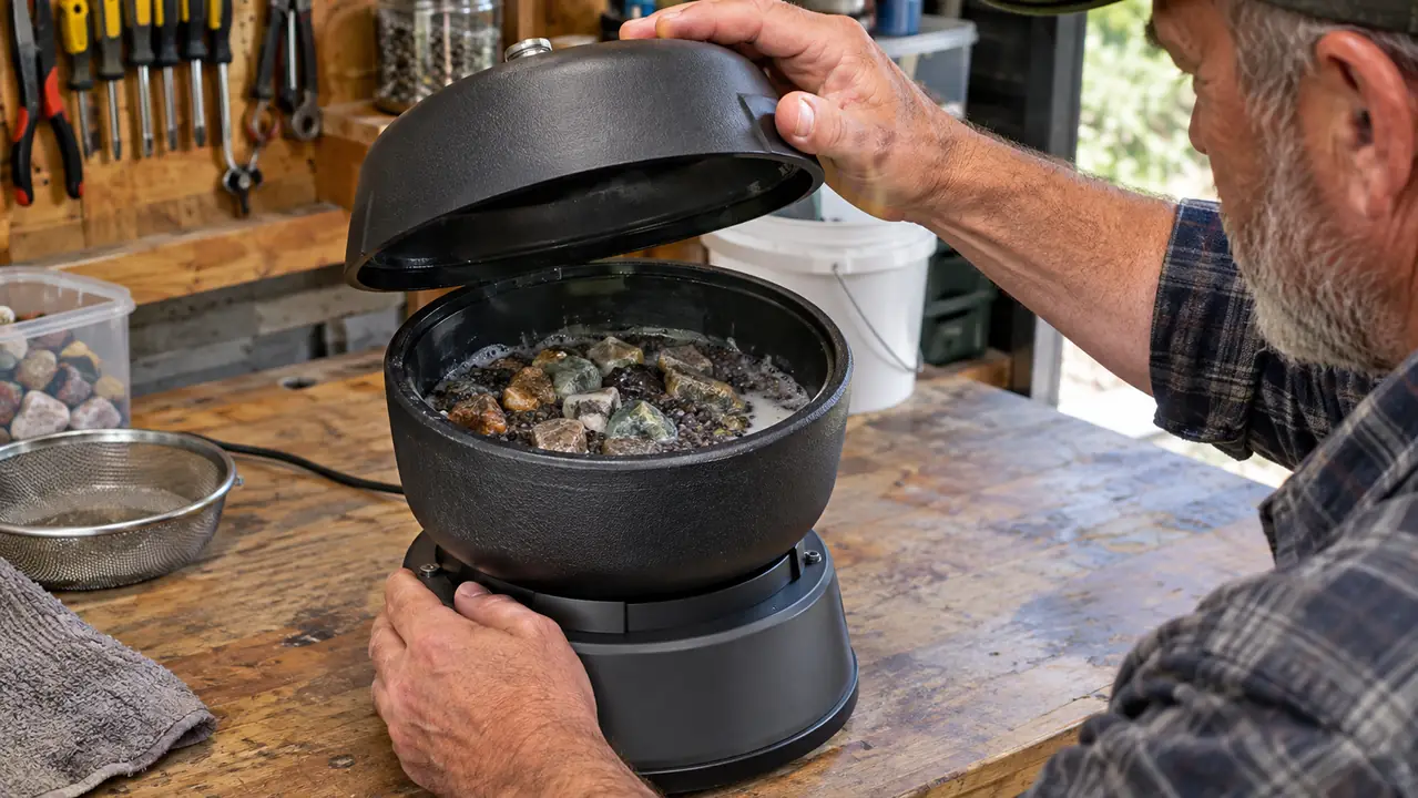A hand lifting the lid to check stones and slurry inside a running vibratory tumbler on a workbench